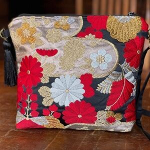 OOAK Kimono Obi Japanese Red Black Gold Floral Embroidered Crossbody Bag Purse
